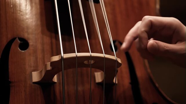 Close up of musician hand playing upright bass string instrument during live music performance showcasing finger plucking technique and wooden detail Montreal Jazz Festival Canada