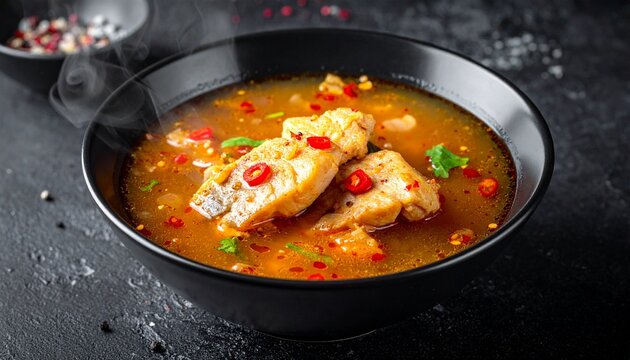 Red chili fish curry, classic asam pedas sour and spicy fish stew served in a black bowl with fresh green herbs.