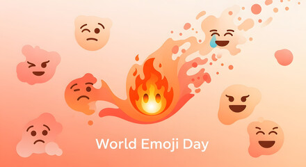 Fototapeta premium World Emoji Day banner, creative social media background with fire emoji and expressive faces, digital marketing graphic