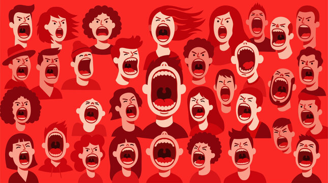 Illustration of many people screaming loudly.
