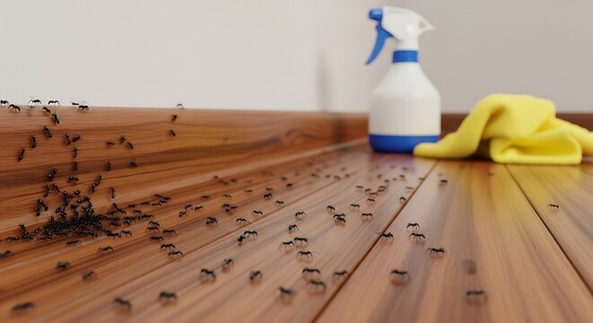 Household pest infestation concept with ants crawling on a wooden floor near a white spray bottle and a yellow cloth for cleaning surfaces