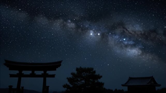 Milky Way galaxy visible above silhouette of Japanese torii gate and traditional building against dark blue night sky with numerous stars, peaceful outdoor scene Tanabata Festival Japan, July 7
