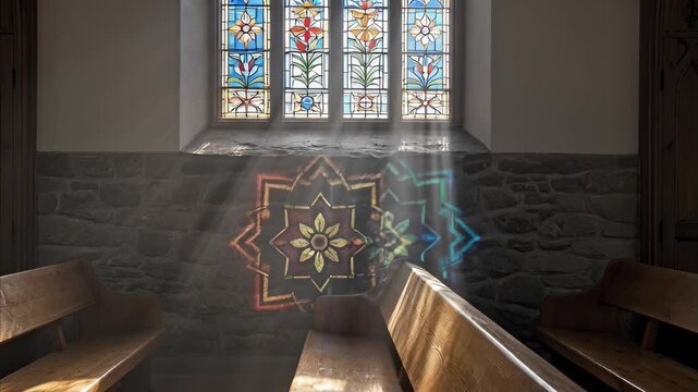 Church interior sunlight illuminates vibrant blue and yellow geometric light patterns moving across stone wall, antique wooden pews below colorful stained glass window, The Feast of the Holy Trinity P