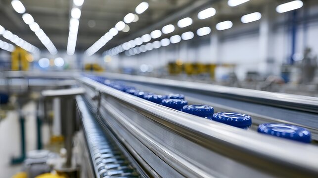 A long blurred view of an industrial conveyor line receding into the distance under bright factory lighting