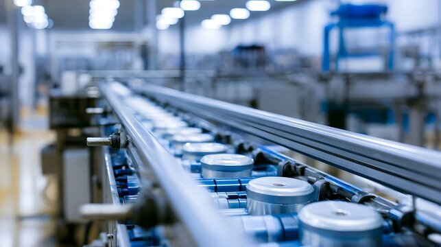A long industrial conveyor system stretches through a brightly lit factory environment emphasizing modern production technology