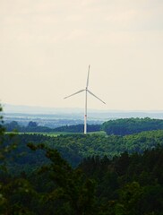 Pojedynczy wiatrak produkujący energię elektryczną, stojący samotnie wśród zielonego lasu. Nowoczesna turbina wiatrowa wykorzystująca energię odnawialną w naturalnym środowisku. © Adam