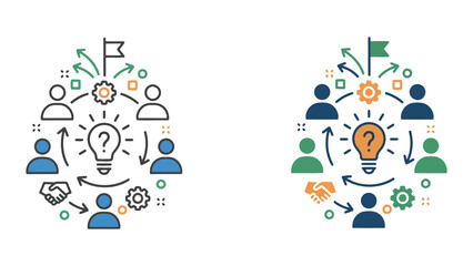 Naklejka premium Innovative business idea generation icon set with lightbulb people and growth arrows as professional vector illustration for creative problem solving and strategic brainstorming concepts for companies