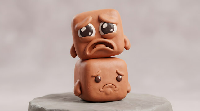 Claymation style sad emoji characters, brown plasticine cube figures with unhappy expressions, stacked clay monsters on stone pedestal