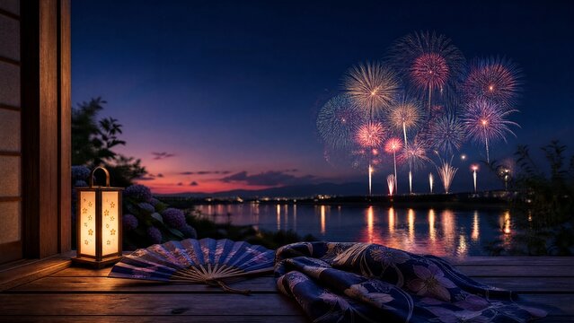 yukata. Folded fan and yukata sleeve on doorstep with fireworks over Sumida River, Tokyo summer celebration. event programs, museum guides, designed for cultural heritage projects and event programs.