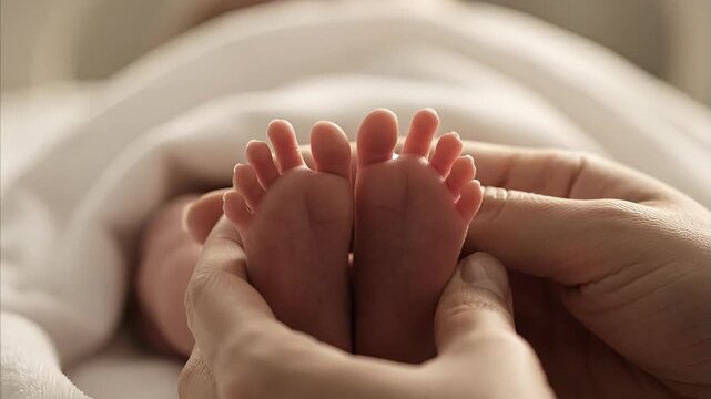 Adult hands gently cradle tiny feet of newborn baby, emphasizing tenderness, protection, and miraculous beginning of human life July 11 is World Population Day