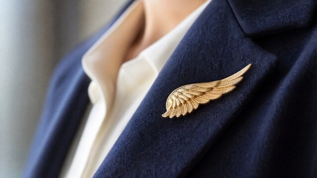 lapel. Gold brooch shaped like an open wing on dark blue lapel. real-estate listings, architecture portfolios, designed for interior renovation comparisons for interiors.