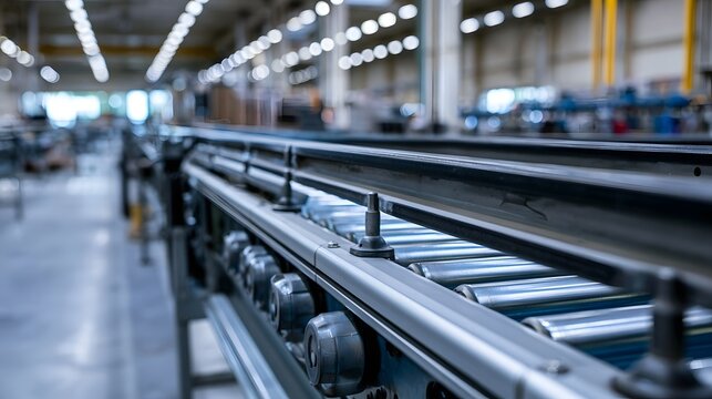 A close up view of a heavy duty industrial conveyor line featuring parallel metal rails in a factory setting