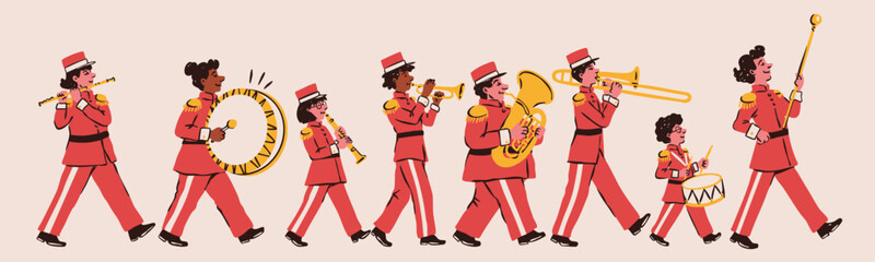 Marching Band, military, school Orchestra set. Musicians in uniform walk with brass instruments, drums. Hand drawn Vector illustration. Characters wearing festive red uniform. Isolated design elements