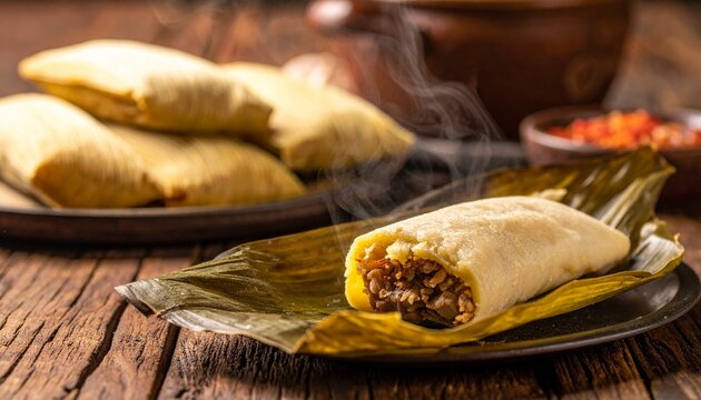 Meat tamale. Close up of a steaming authentic Mexican tamal cut in half showing the rich pulled meat filling inside.