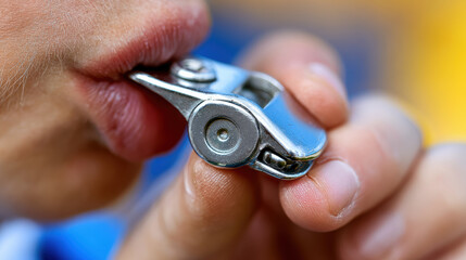 Fototapeta premium Person biting metal nail clipper held by fingers close up with blurred background