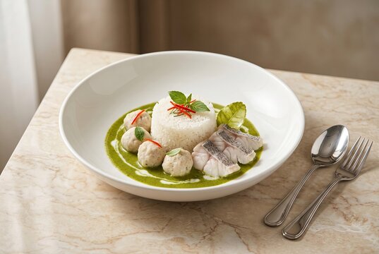 Generated AI set photos Exquisite Thai green curry with fish and meatballs served over steamed rice in white bowl