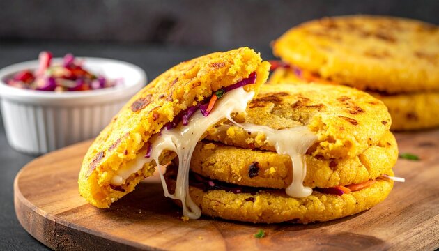 Cheese arepa. Close up of an authentic Venezuelan arepa rellena split open with hot melted cheese and savory filling.