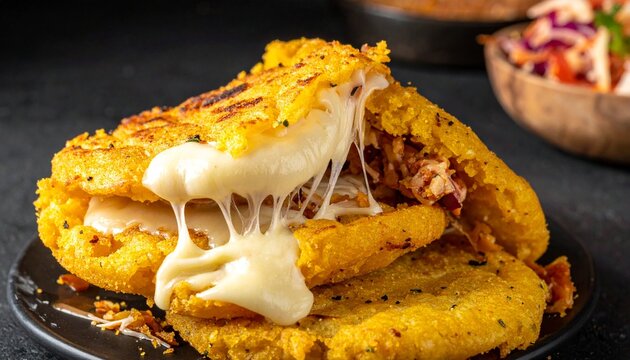 Melting cheese. Hot and crispy authentic South American arepa rellena generously stuffed with pulled meat and cheese.