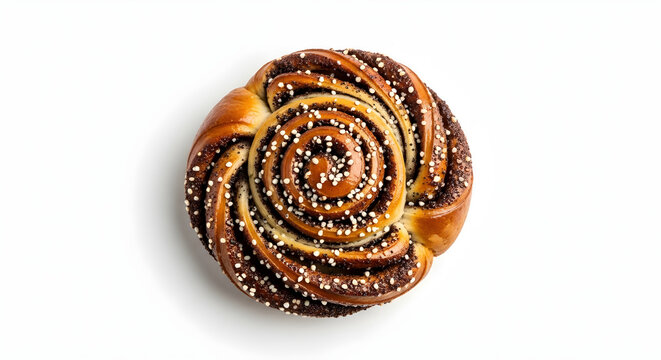 Delicious golden brown cinnamon bun swirled with rich chocolate filling and sprinkled with tiny white sugar pearls captured from a top view perspective on a clean and bright white background.