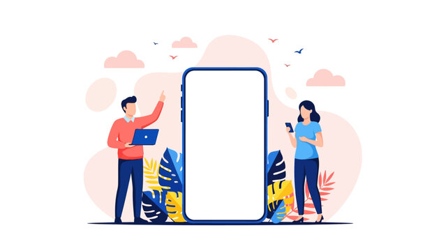 Modern Digital Communication Concept featuring people with devices around a giant smartphone mockup with blank screen, ideal for app marketing and mobile technology presentations.