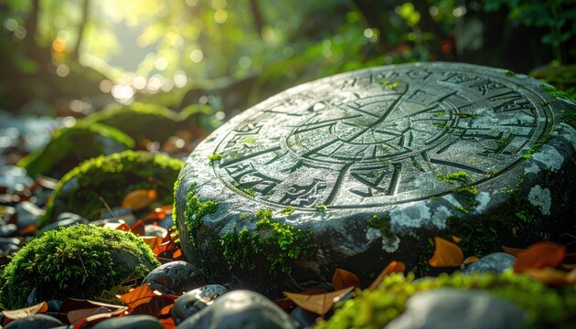Ancient weathered runestone with deeply carved Elder Futhark runes sits amidst a mossy forest floor with dappled sunlight.