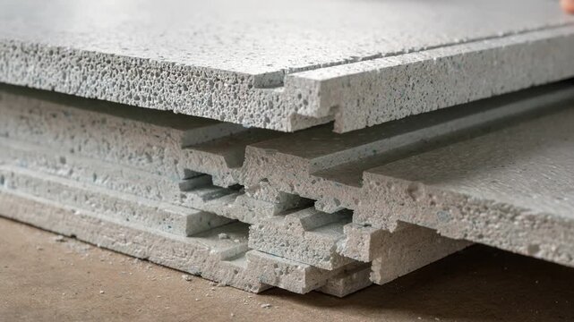 Closeup medium shot of shiplap foam boards being grooved and trimmed highlighting interlocking edges for enhanced thermal insulation