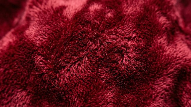 Macro texture of soft red velvet fabric showing detailed fiber structure and plush material for luxury textile design and cozy backdrop.