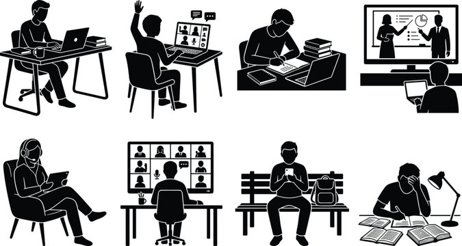 Online education and remote learning icon set featuring students studying with laptops computers and video conference webinars