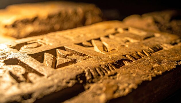 Detailed close-up of cuneiform script carved into a weathered clay tablet displaying ancient writing