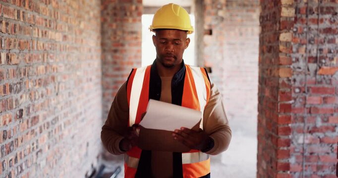 Clipboard, black man and construction worker on site for building, maintenance or repairs on house. Checklist, professional and male civil engineer with documents for home renovation with brick wall.