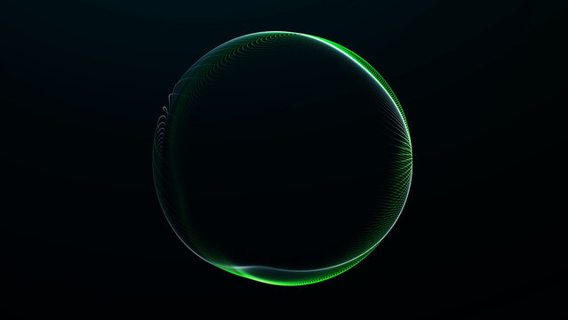 Green digital wireframe sphere with glowing curved lines on a dark futuristic background, cyber data structure with clean technology depth.
