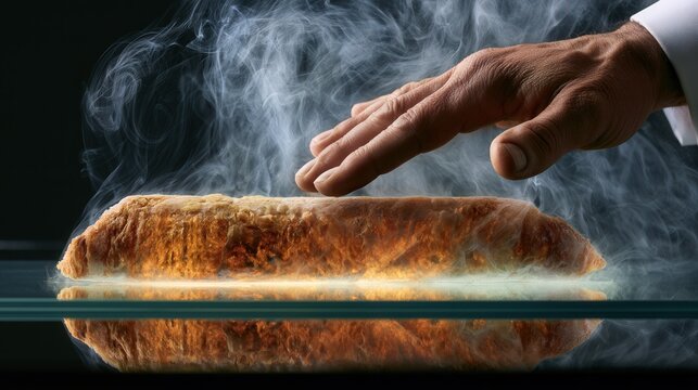 Hand hovers above steaming bread, golden crust gleaming