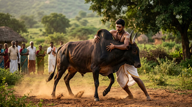 Man taming a powerful bull during a traditional rural festival
