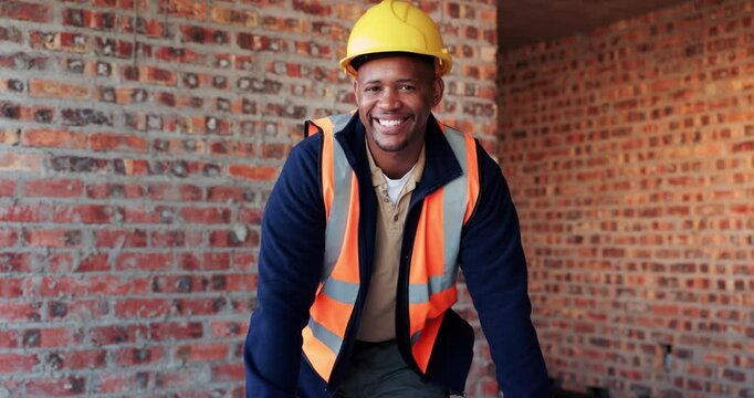 Building, face and hardhat with black man on construction site for property development. Civil engineering, friendly and helmet with happy architect on worksite for project management as developer