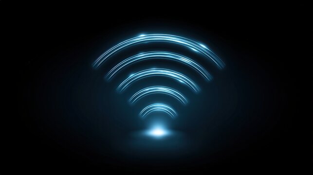 Glowing Wi-Fi signal pulses against a deep black void
