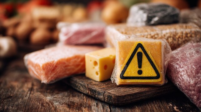 Foods recall for Salmonella Contamination. Food recall alert concept illustrating contaminated packaged foods and safety concerns in the supply chain.