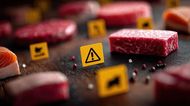 Foods recall for Salmonella Contamination. Food contamination awareness concept featuring recalled meat products and food safety concerns.