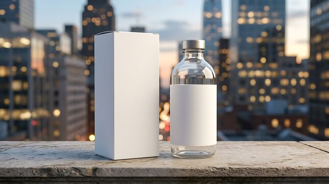 Blank pharmaceutical glass bottle with white box packaging mockup, skincare serum container, cosmetic branding display, retail
