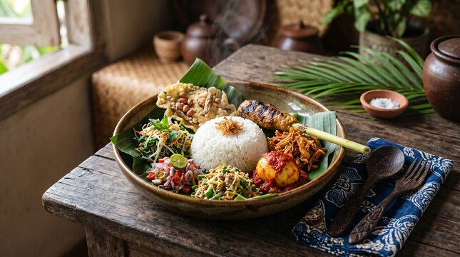 Authentic Balinese Nasi Campur served on a rustic wooden table in a natural setting.
