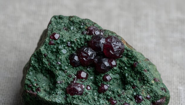 Close up of a metamorphic eclogite rock specimen featuring deep red garnet crystals embedded in a green omphacite matrix for geology education and earth science research concept