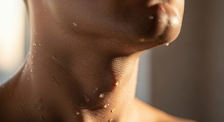 Naklejka premium a close-up view of a person's neck with water droplets on the skin close up detail view natural ligh