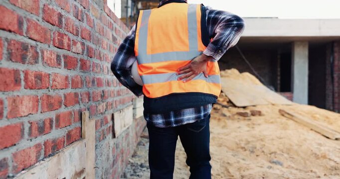 Construction, back pain or man on site with walk, spine issue or labor injury in building project. Accident, hurt or engineer with backache, muscle strain or arthritis in infrastructure development.