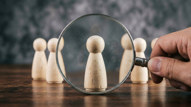 Magnifying glass focusing on wooden figure, human resources recruitment concept, talent search and candidate selection process