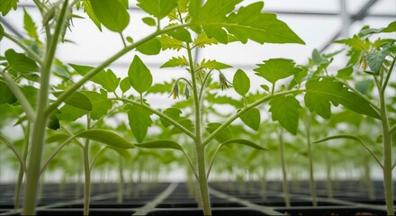 Naklejka premium Young tomato seedlings growing in black plastic seedling trays inside greenhouse