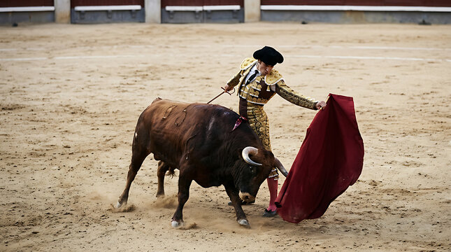 Spanish matador facing a large bull in a traditional bullring