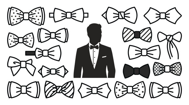 A collection of various bow tie styles surrounding a silhouette of a man in a tuxedo.