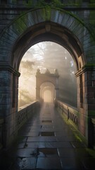 Obraz premium Historic stone bridge with archway and pathway in foggy, tranquil park setting