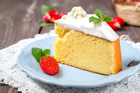 Delicious slice of moist sponge cake topped with fresh whipped cream and mint garnish served on a blue plate with a ripe strawberry on a rustic wooden table with lace doily background.