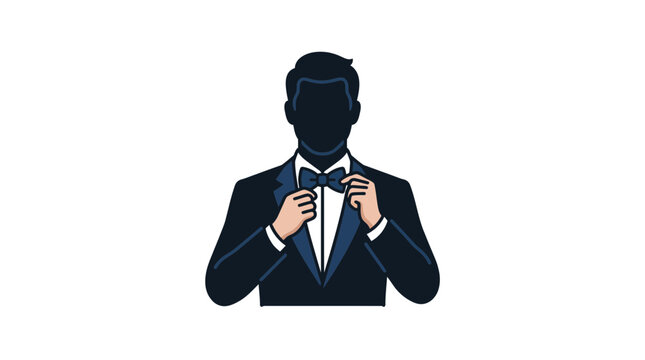 A faceless man in a formal tuxedo adjusting his bowtie.