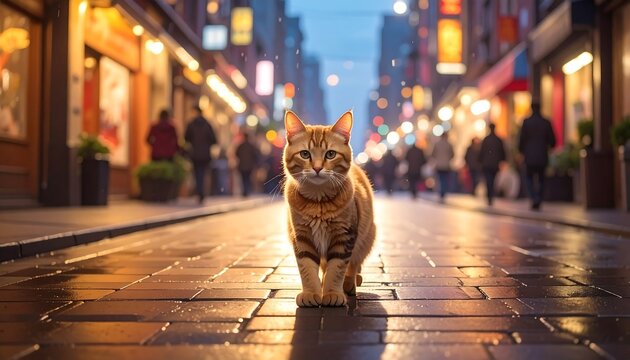 An orange tabby cat stands boldly on wet cobblestone, looking directly at the viewer with blurred street scene behind